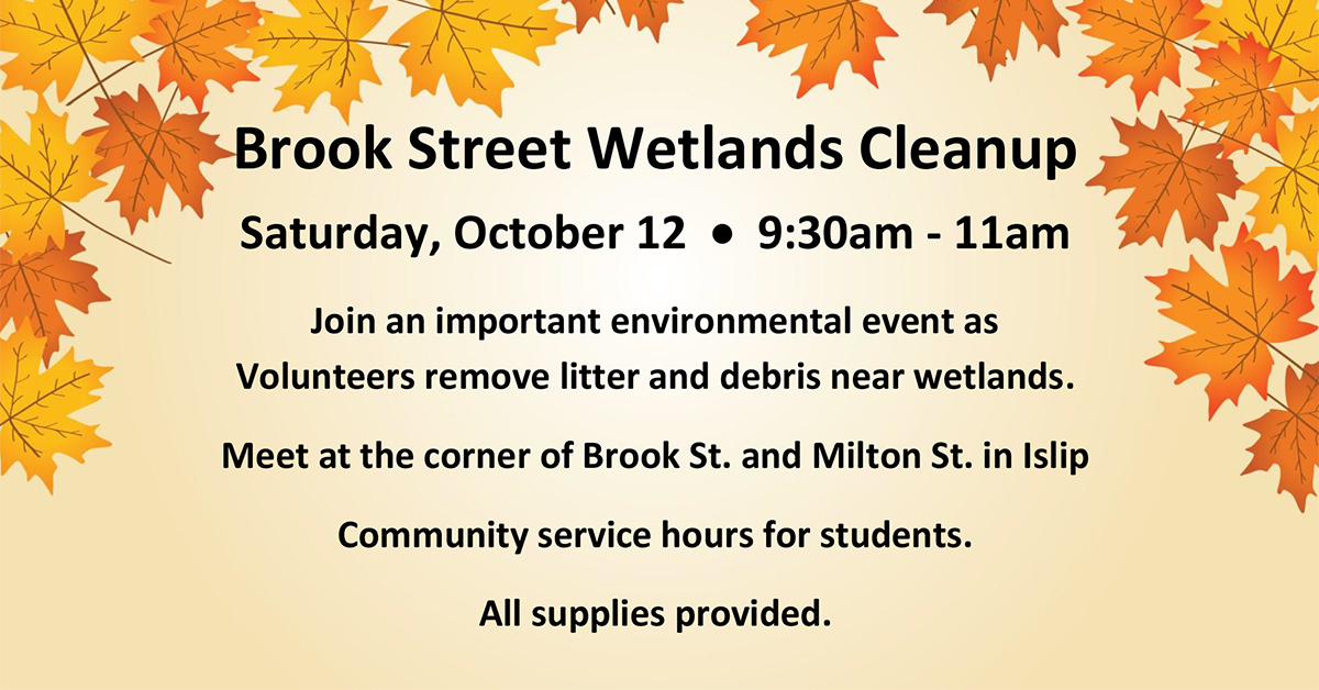 A flyer of yellow background with orange and gold fall leaves on the top border, announcing the Saturday, October 12th Cleanup of the Brook Street Wetlands.