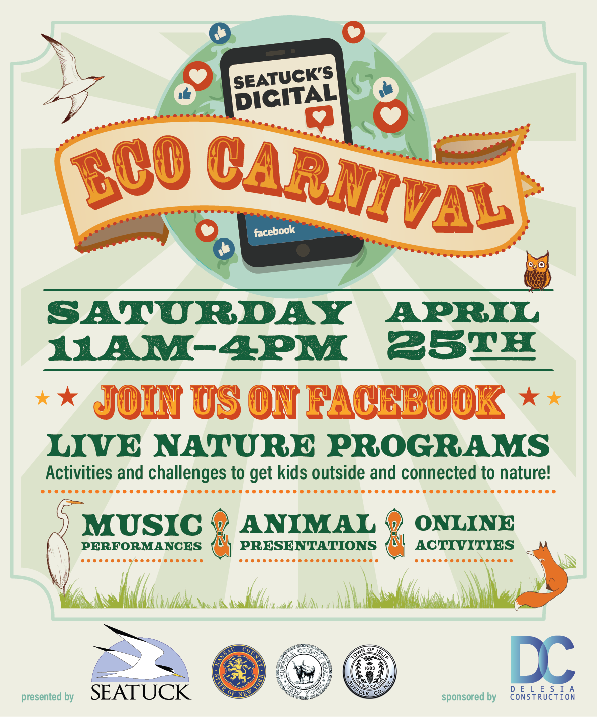 A flyer announcing the digital eco carnival event with musical performances, animal presentations and online activites for kids