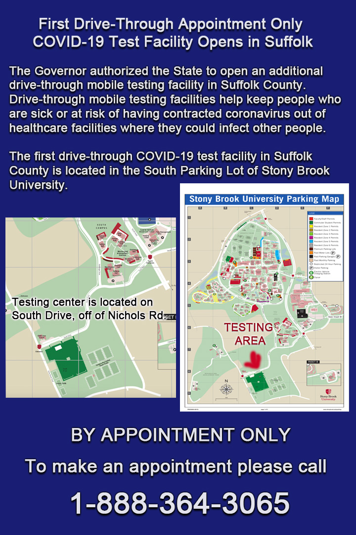 a flyer announcing the opening of a COVD-19 testinf facility by appointment only. Call 1-888-364-3065 to make an appointment