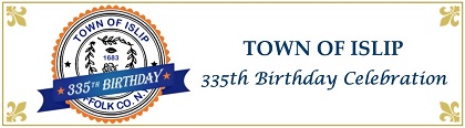 A Banner image with the Blue and Orange Town of Islip Seal with a 335 birthday ribbon across it, asking all to join in the year-long celebration