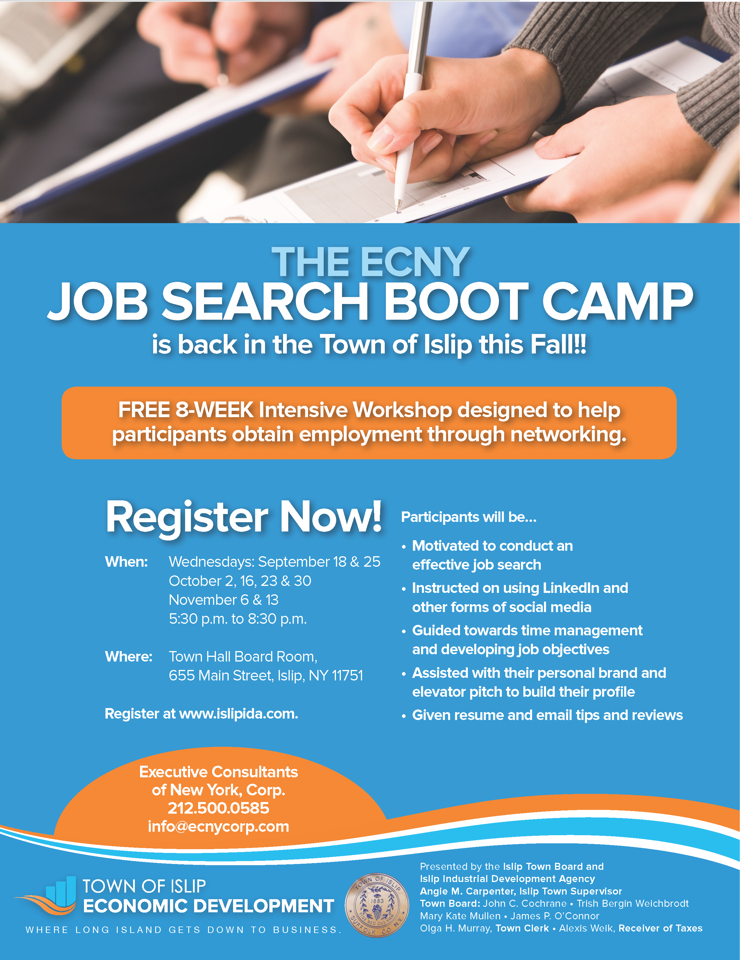 A flyer image announcing the Town of Islip Economic Development Job Search Boot Camp on the Fall dates of 9/18, 9/25, 10/2, 10/16, 10/23, 10/30, 11/6, 11/13 at 5:30pm to 8:30pm at Islip Town Hall. Call 212-500-0585 for more information