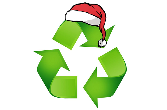 The recycling 3 arrow in the shape of a triangle logo with a santa hat on top.