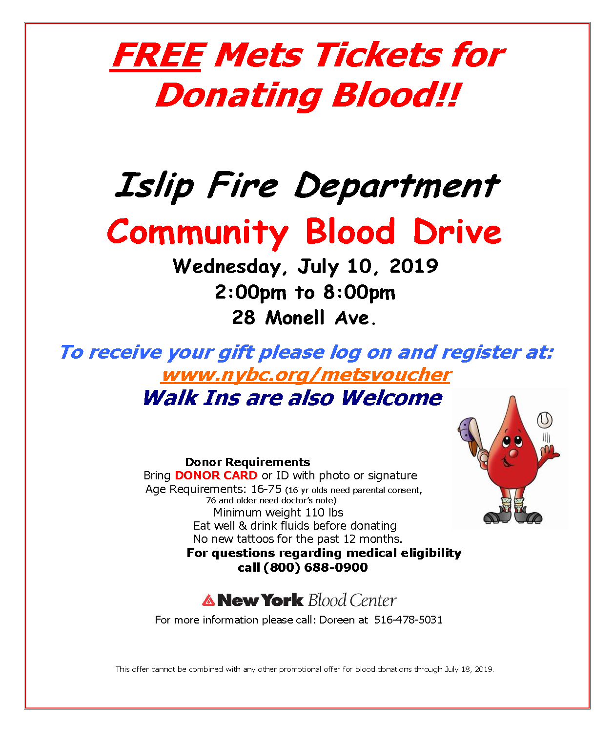 A flyer announcing free Mets tickets at the July 10th IFD Blood Drive, call 516-478-5031 for more information