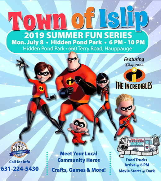 A flyer announcing the 2nd Movie Night: The Incredibles at Hiddden Pond Park, call 631-224-5430 for more information.