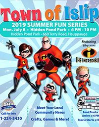 A flyer announcing the 2nd Movie Night: The Incredibles at Hiddden Pond Park, call 631-224-5430 for more information.