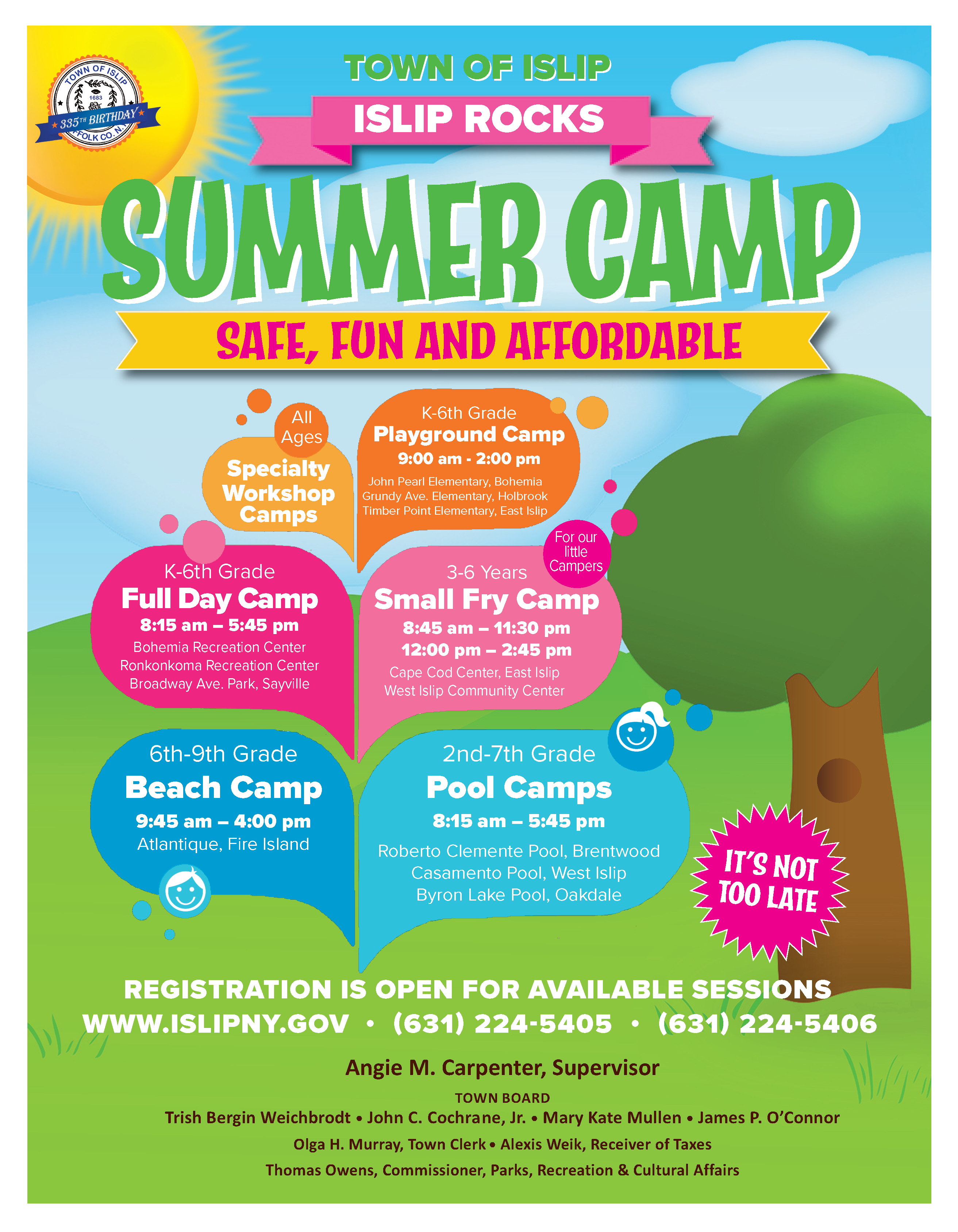 A flyer announcing safe, fun and affordable summer camps available for the 2019 year, call 631-224-5405 for more information and to register.