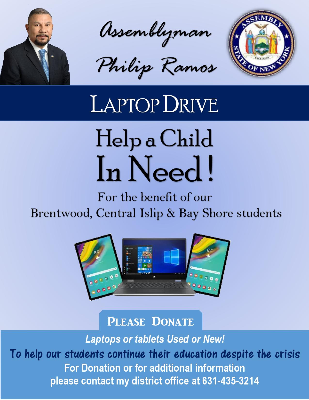 An image asking for the donation of laptops and tablets for students