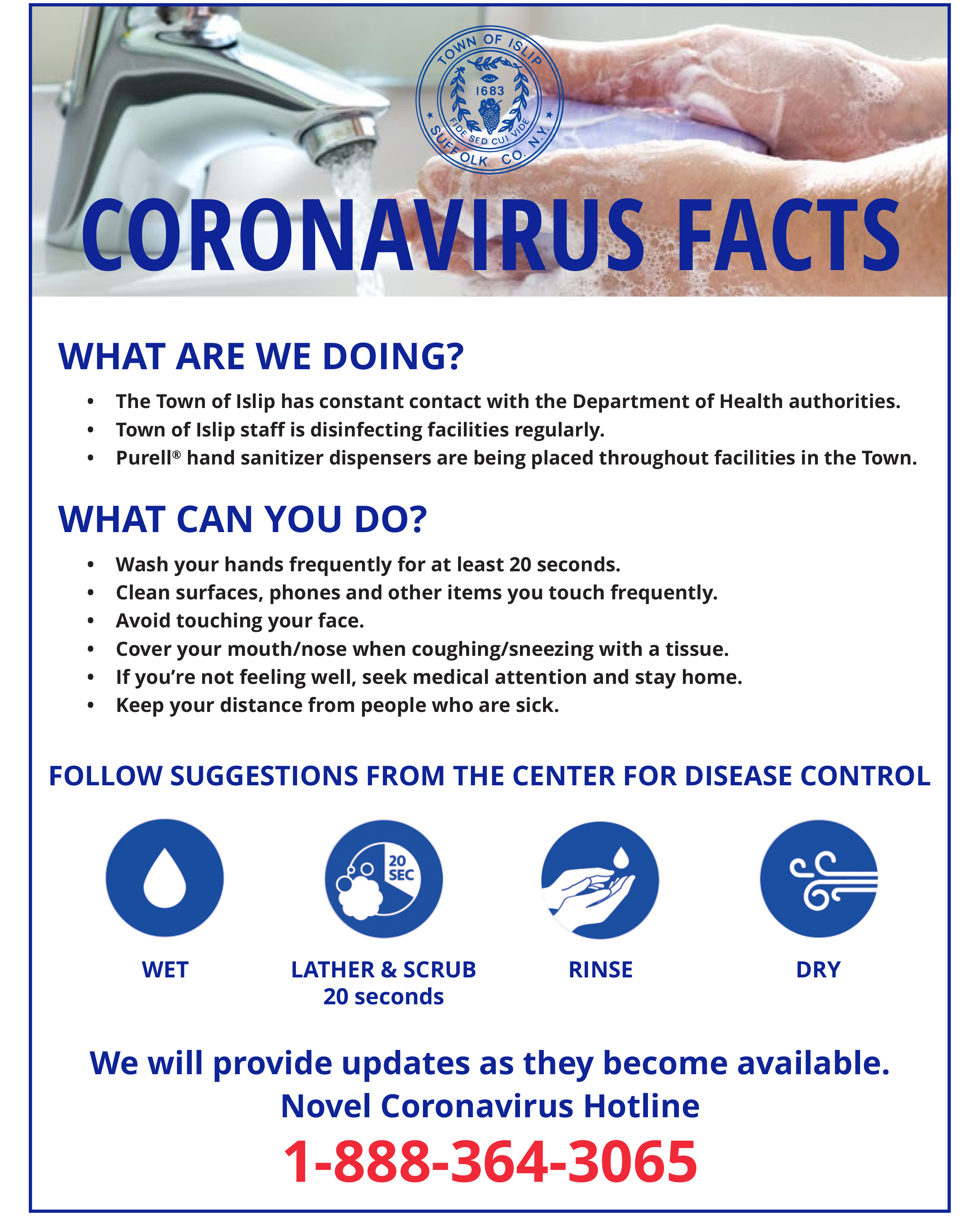 a flyer for novel coronavirus facts, call the hotline at 1-888-364-3065 for more information