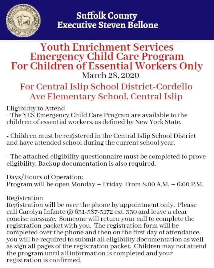 flyer announcing essential workers eligible for child care, call 631-587-5172 ext. 330 for more info