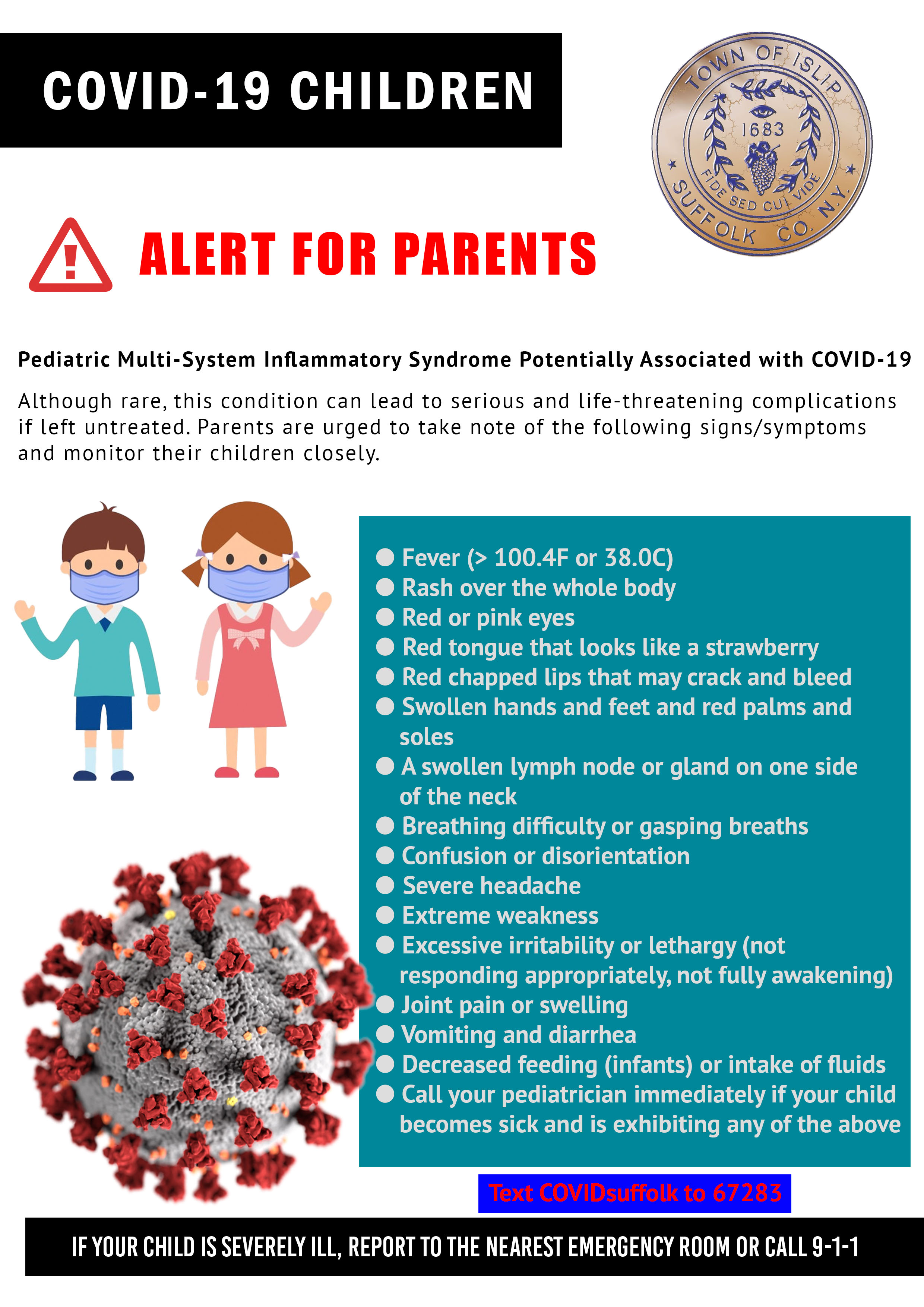 A graphic showing the warning signs of COVID-19 Children's related illness