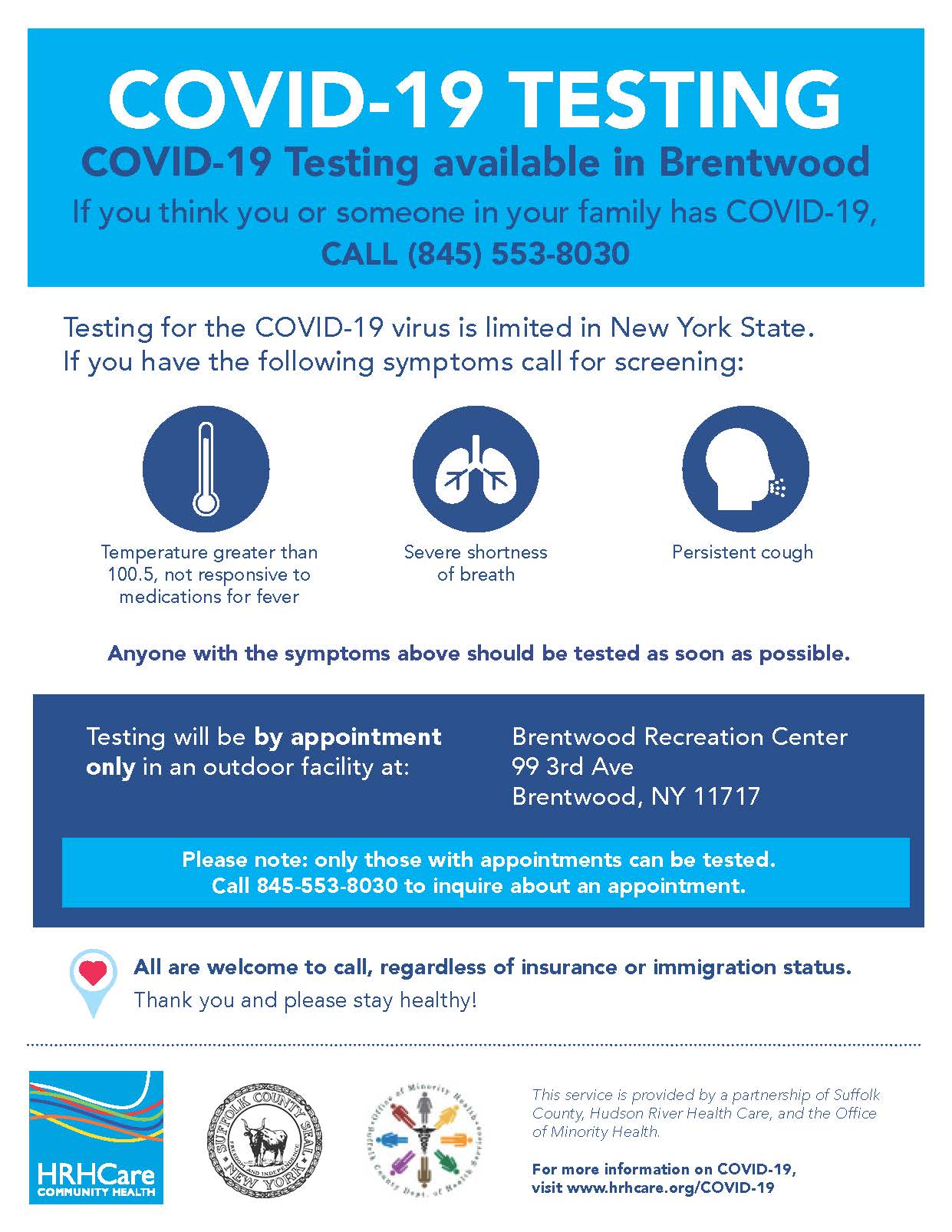 flyer announcing Brentwood testing site for COVID-19 at Brentwood Rec Center, 99 3rd Avenue, call 845-553-8030 to inquire about appointments