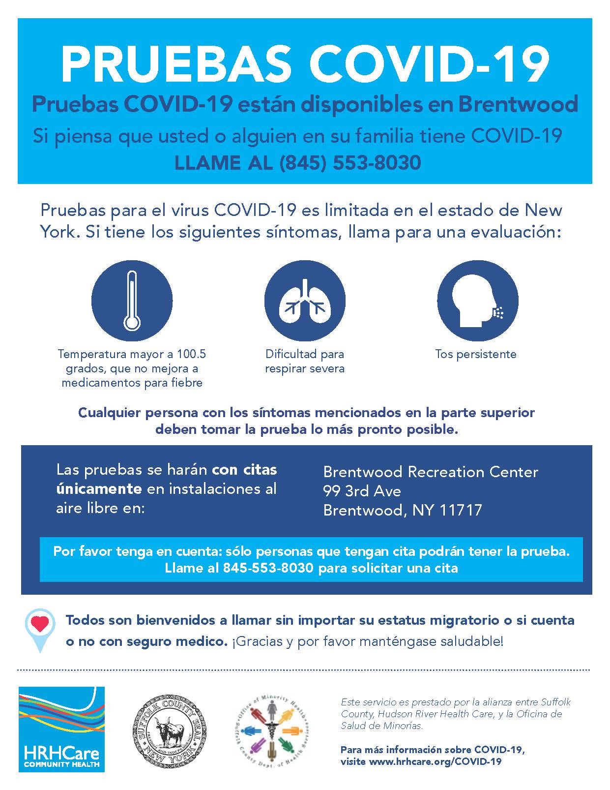 flyer announcing Brentwood testing site for COVID-19 at Brentwood Rec Center, 99 3rd Avenue, call 845-553-8030 to inquire about appointments