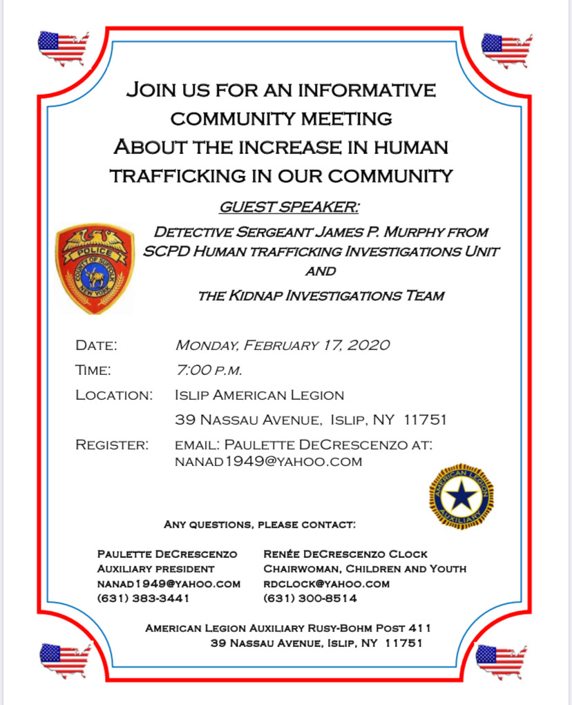 a flyer announcing the 7pm meeting on February 17th at the Islip American Legion located at 39 Nassau Avenue in Islip, call 631-383-3441 for more information