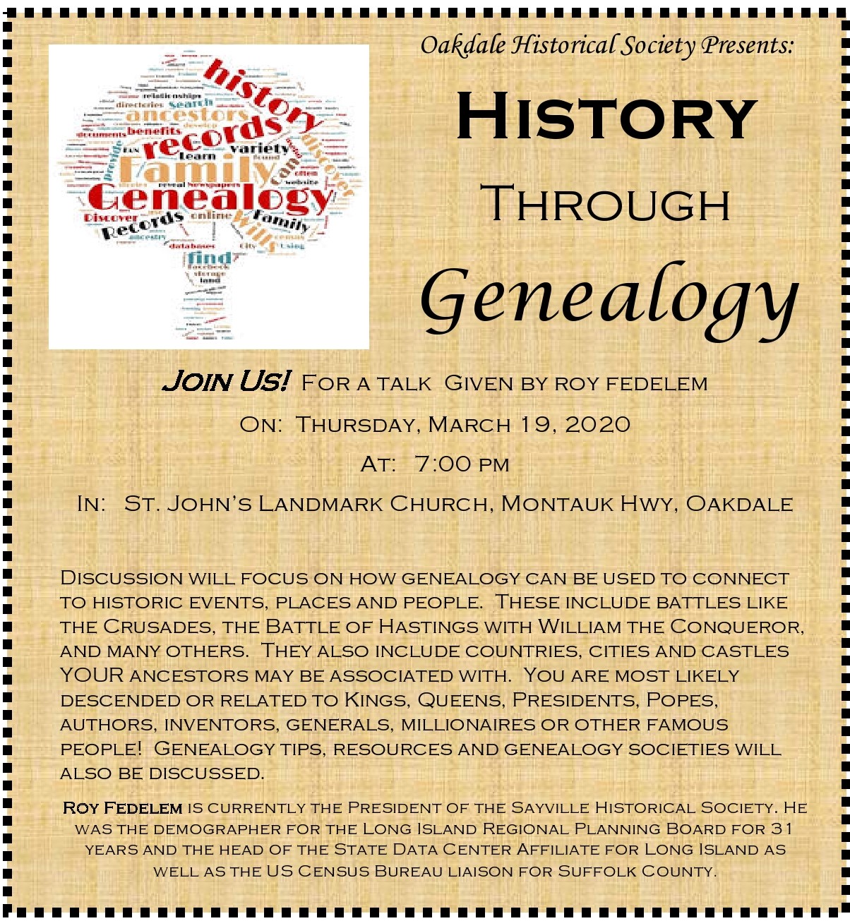 A flyer announcing the March 19th, 7pm Historical Talk at St. John's Landmark Church. Details in the article