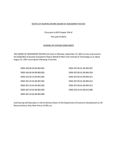 NOTICE OF HEARING BEFORE BOARD OF ASSESSMENT REVIEW