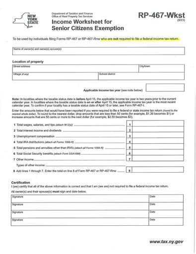 RP-467-Wkst: Icome Worksheet for Senior Citizens Exemption