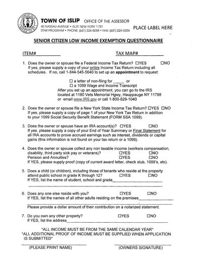 RP-467-Questionnaire: SENIOR CITIZEN LOW INCOME EXEMPTION