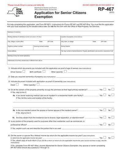 RP-467: Application for Partial Tax Exemption for Real Property of Senior Citizens