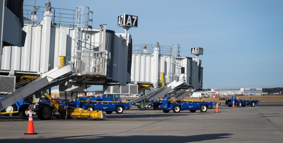 An outside shot of the existing terminal showing the rows along the tarma