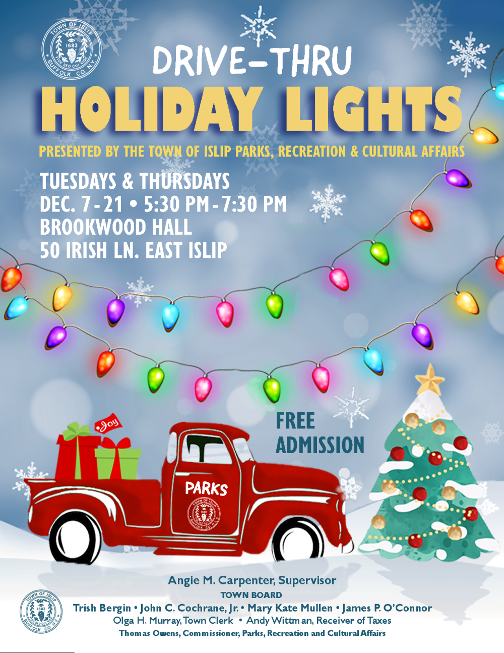 Tuesdays and Thursdays from 5:30-7:30pm, Flyer with Christmas lights red truck and Christmas tree