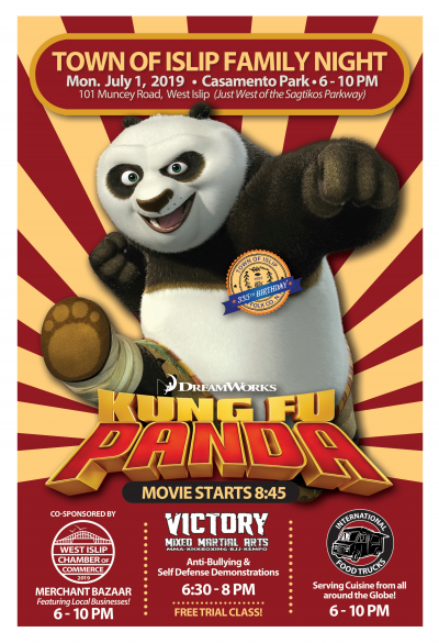 A flyer image of the Kung Fu Panda Movie Night event, call (631) 224-5411 for more information