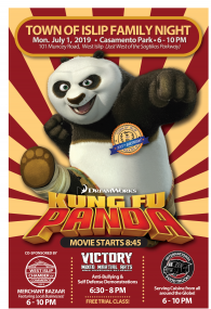 A flyer image of the Kung Fu Panda Movie Night event, call (631) 224-5411 for more information