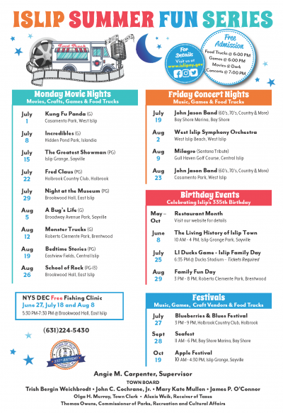 A flyer image for the returning Islip Summer Fun Series, featuring movie nights, concerts, festivals and more. Call (631) 224-5411 for more information