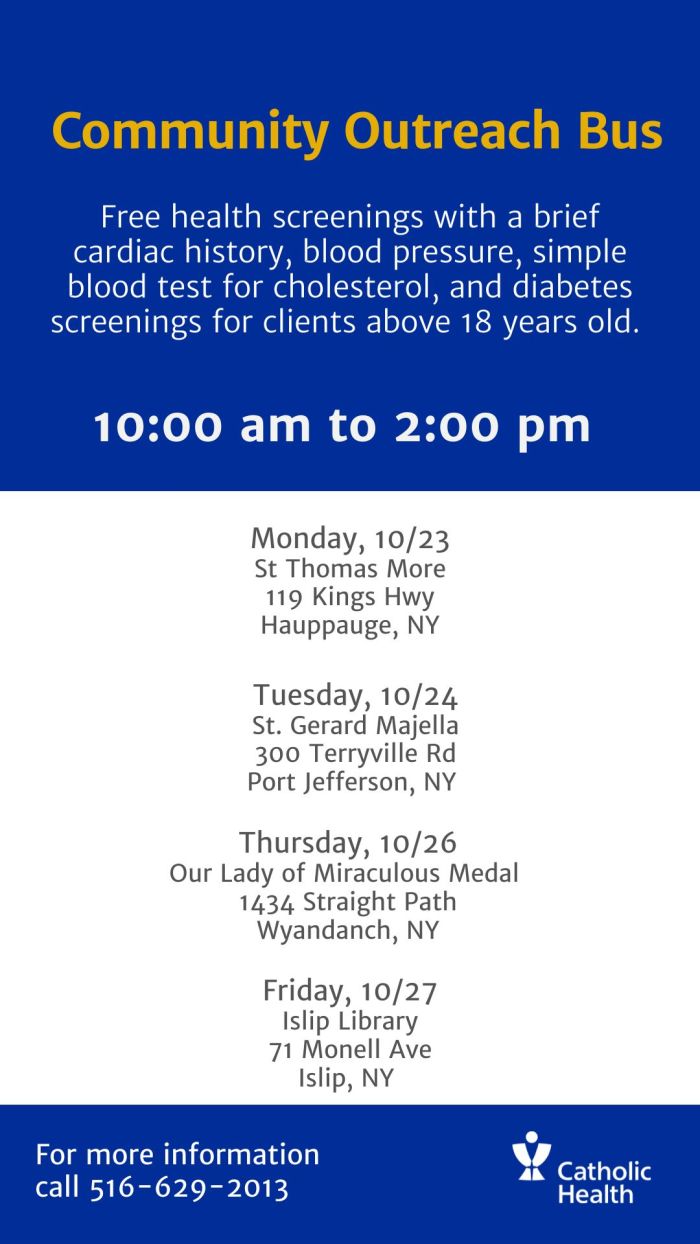 Catholic Health Community Outreach Bus Locations and Dates for October 23,24,26,27
