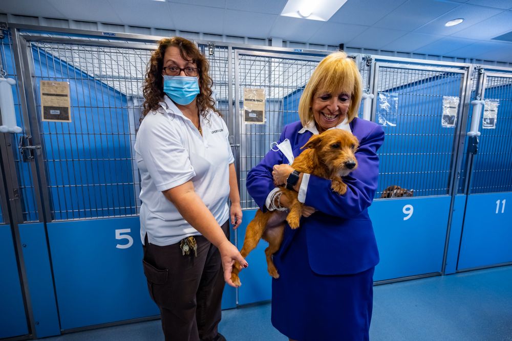 Supervisor holding dog with Shelter Supervisor in background