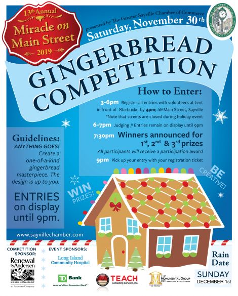 A flyer announcing the Gingerbread competition taking place during the 13th annual miracle on main street event. Details in the article.