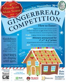 A flyer announcing the Gingerbread competition taking place during the 13th annual miracle on main street event. Details in the article.