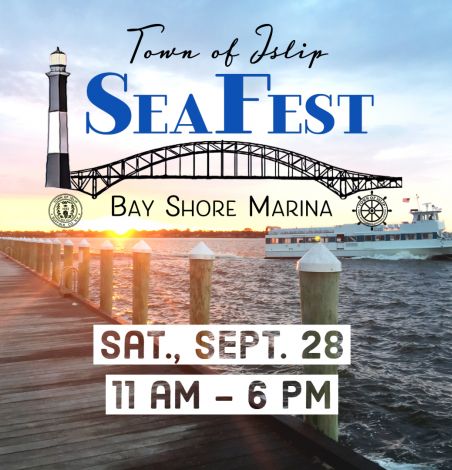 An image of a dock at sunset with a ferry in the distance, announcing the SeaFest event at the Bay Shore Marina on Saturday, September 28th from 11 am through 6 pm.