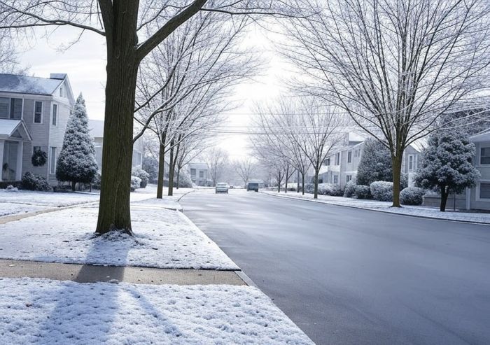 snowy quiet suburban street under light snow