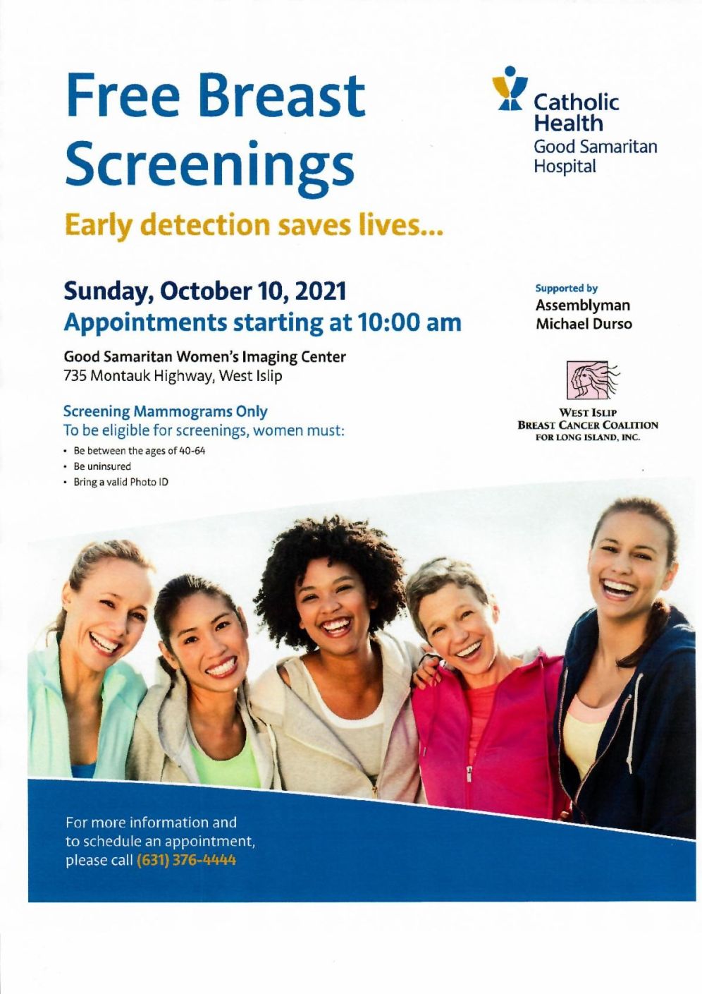 english flyer for breast cancer screenings starting at 10am on 10/10 at Good Sam Women's Imaging Center