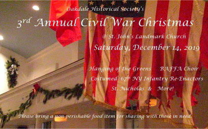 American Flag in the background, text stating 3rd annual civil war christmas in foreground