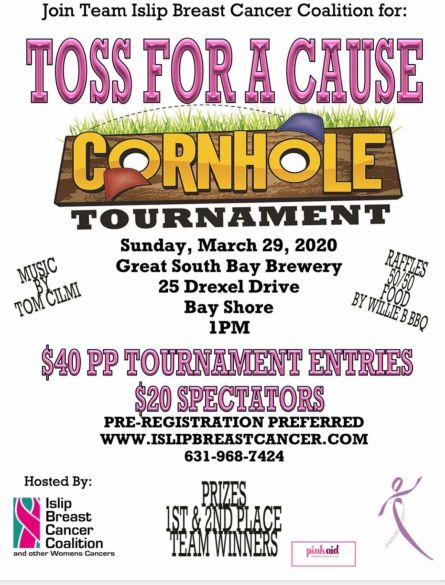 A flyer image detailing the information for the Cornhole Toss event, information in article.