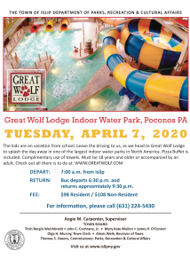 A flyer announcing the 2020 day trip to Great Wold Lodge indoor water park, details in article.