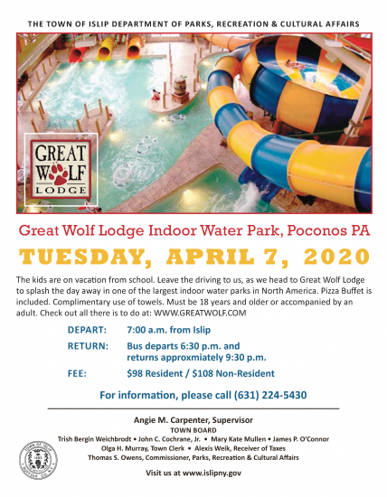 A flyer announcing the 2020 day trip to Great Wold Lodge indoor water park, details in article.