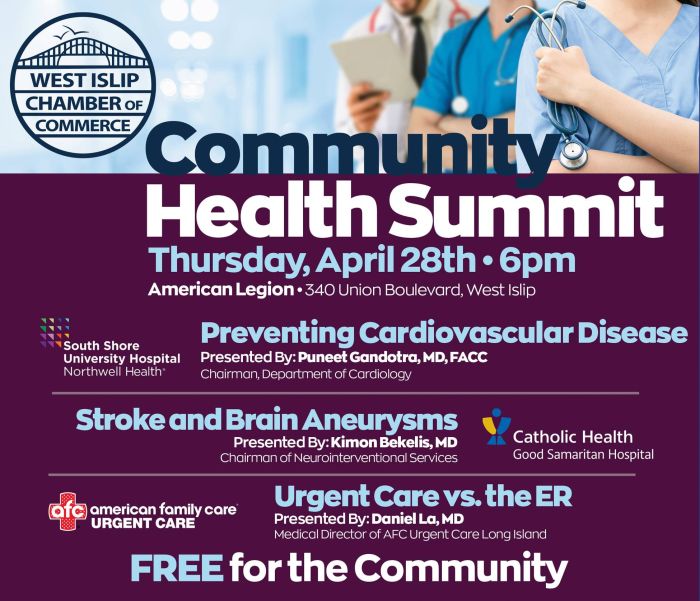 est Islip Chamber of Commerce's Community Health Summit, Thursday, April 28th at 6pm