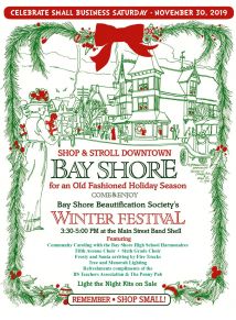A flyer announcing the Bay Shore Winter Festival event on November 30th, 2019 from 3:30pm -5:00 pm.