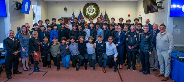 brentwood boys soccer wide shot of team with elected officials