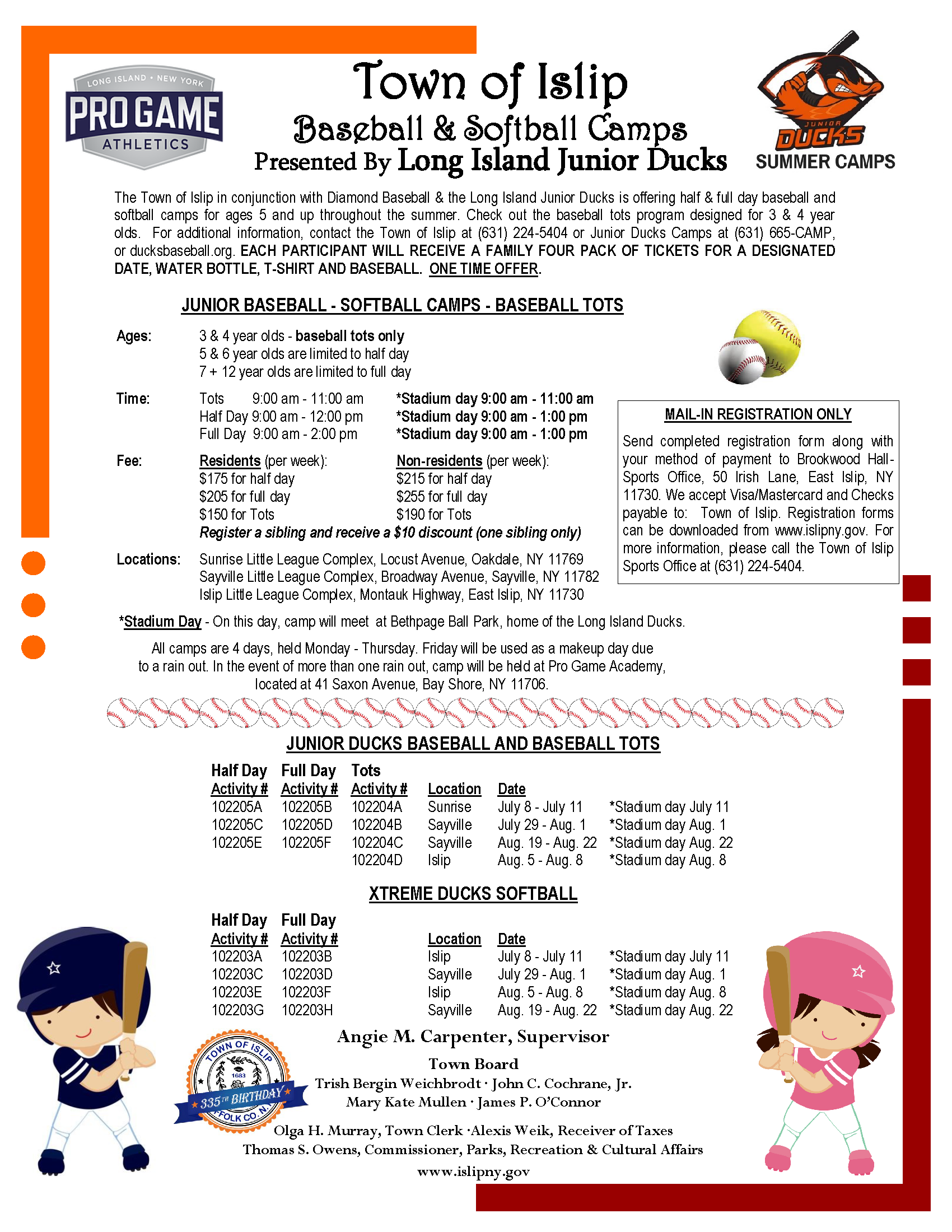 a flyer announcing the 2019 baseball camp, call (631) 224-5404 for more information.