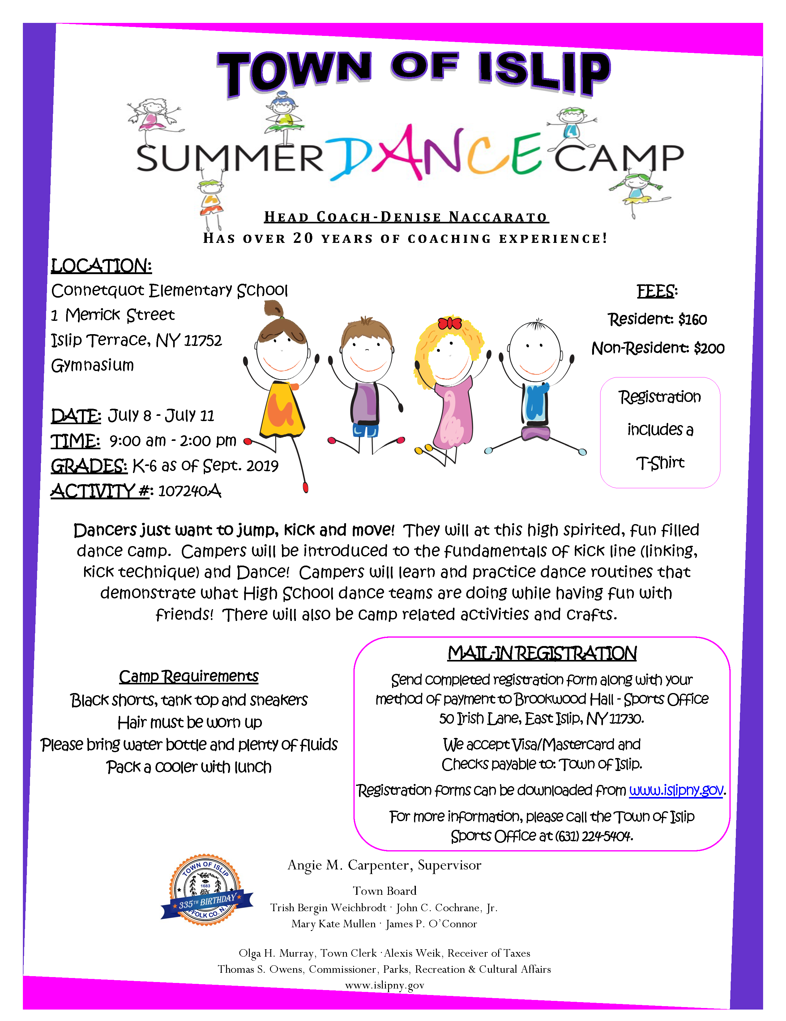 a flyer announcing the 2019 summer dance camp, call (631) 224-5404 for more information.