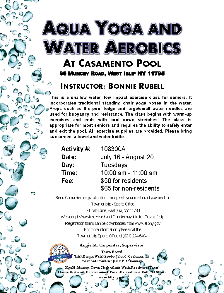 Flyer announcing aqua yoga and water aerobics course, call (631) 224-5404 for more information.