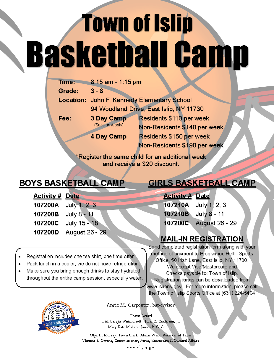 flyer announcing 2019 summer basketball camp,  call (631) 224-5404 for more information.