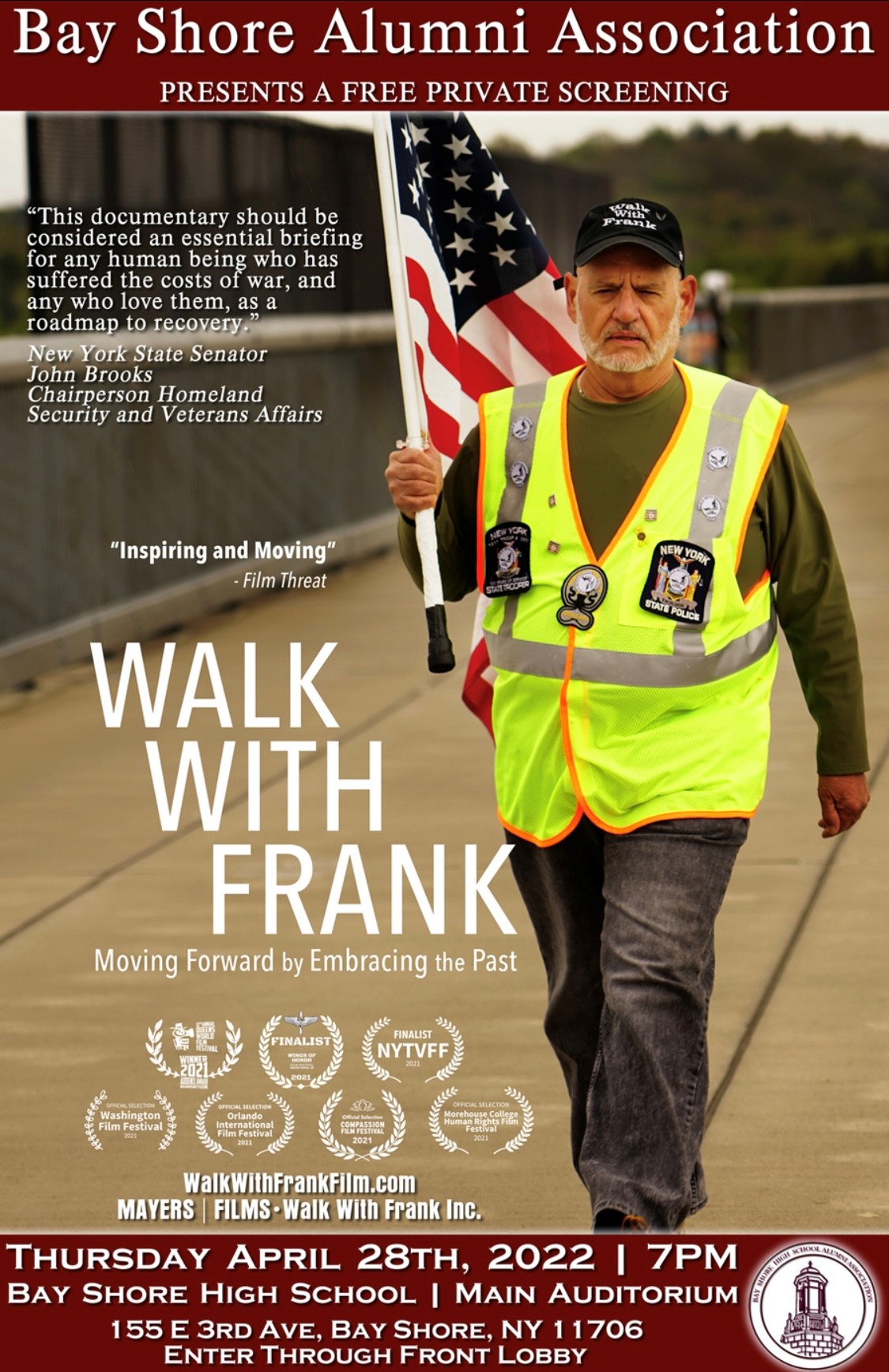 Flyer for Walk With Frank Free Private Screening at Bay Shore HS on Thursday, 4/28/22 at 7pm